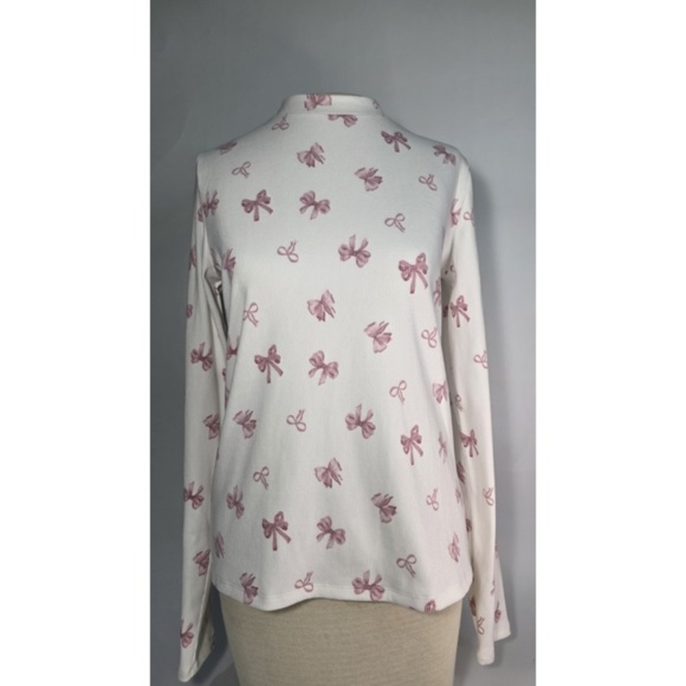 Abercrombie Kids Girls Pink‎ Bows Ribbed Mock Neck Long Sleeve Top Size 17/18